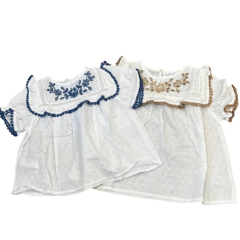 Mayoral Toddler Girls Embroidered Blouse White & Blue/Beige Lace Ruffle Short Sl